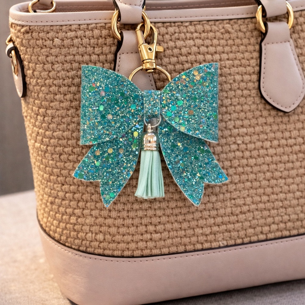Green Glitter Bow Bag Charm Key Chain